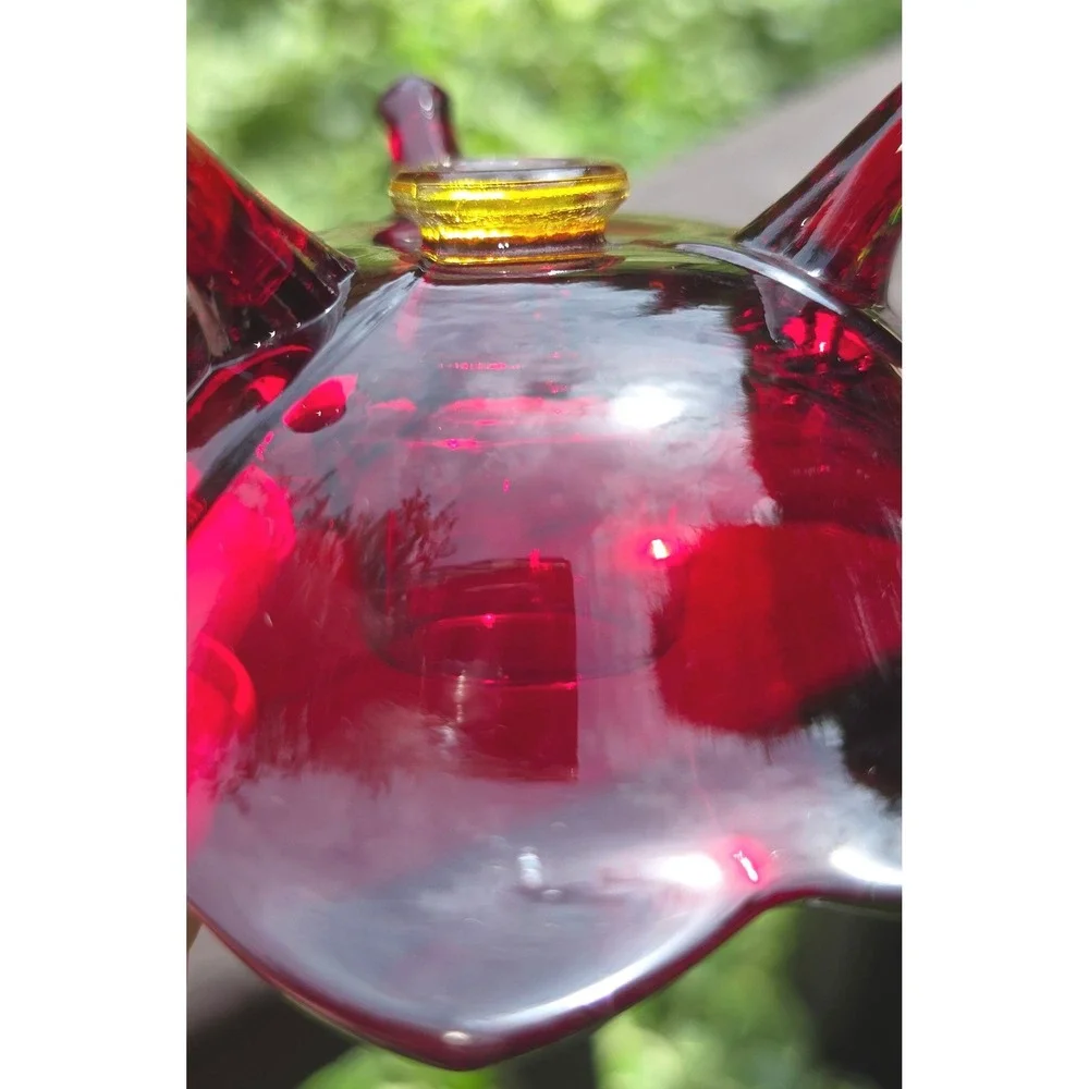 Vintage Ruby Red Glass 3 Footed Candle Holder Dish Scalloped Petal Rim